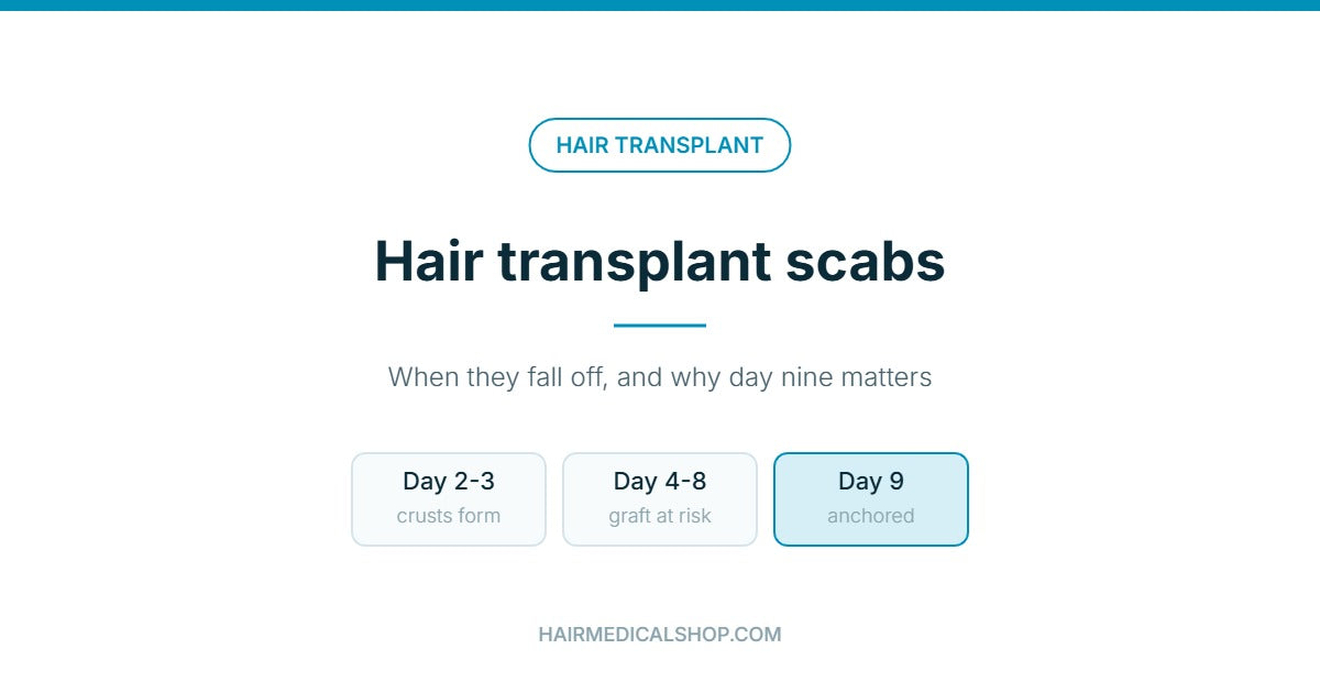 Hair transplant scabs timeline: day 2-3 crusts form, day 4-8 graft at risk, day 9 anchored