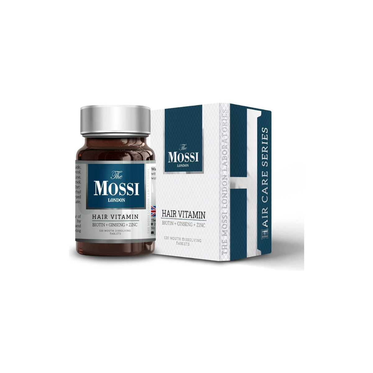 The Mossi London Hair Vitamin 120 Orodispersible Tablets - box and bottle - Hair Medical Shop