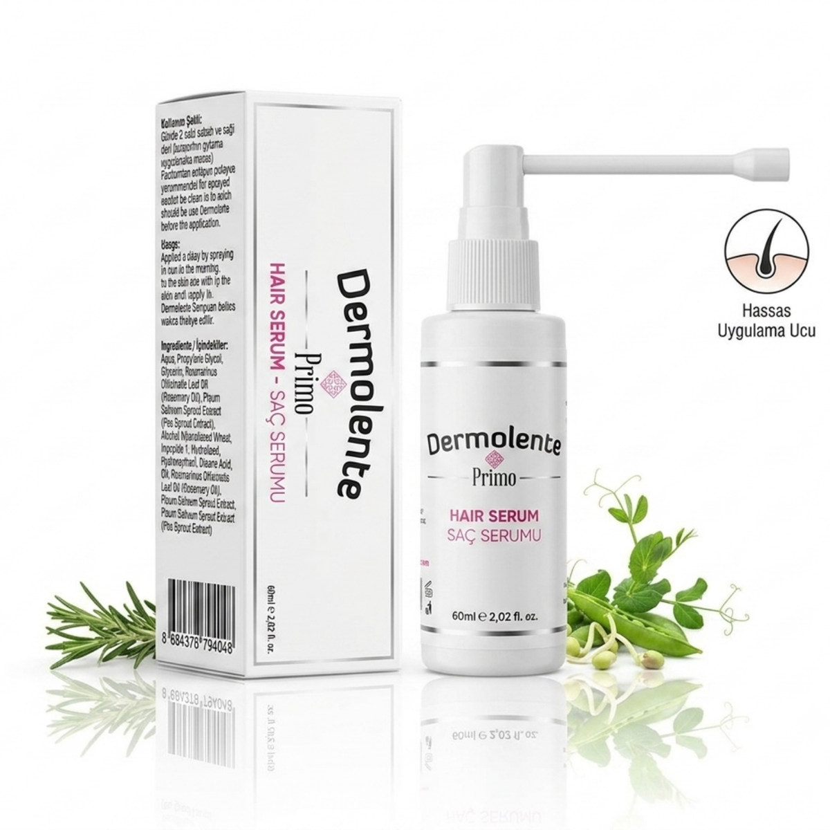 Dermolente Primo Hair Serum (60ml), serum bottle with botanical leaves
