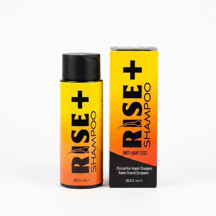 RISE+ Post-Transplant Repair Shampoo (300ml), shampoo bottle next to its box