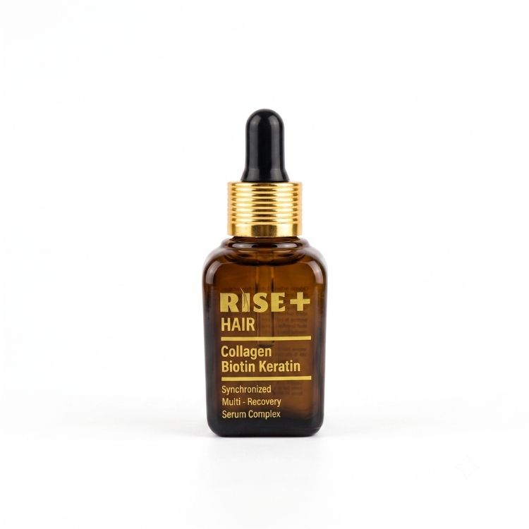 RISE+ Collagen Biotin Keratin Multi-Recovery Serum, dropper serum bottle, front view