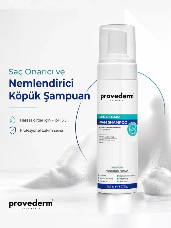 Provederm Hair Repair Foam Shampoo (150ml), foam pump bottle shown with the label detail